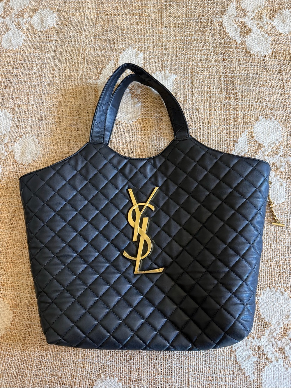 Saint Laurent Black Quilted Leather Tote with Gold YSL Emblem